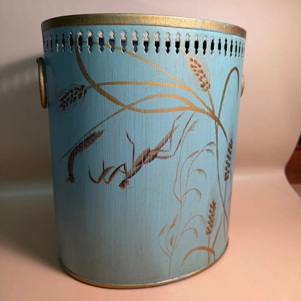 Vintage Hand Painted Metal Wastebasket Blue Gold Wheat Grasshopper Nature Decor